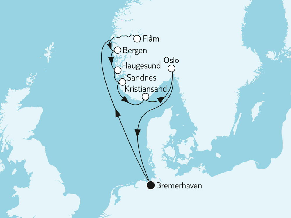 Mein Schiff 1  Norwegen mit Fl�m - Routenbild